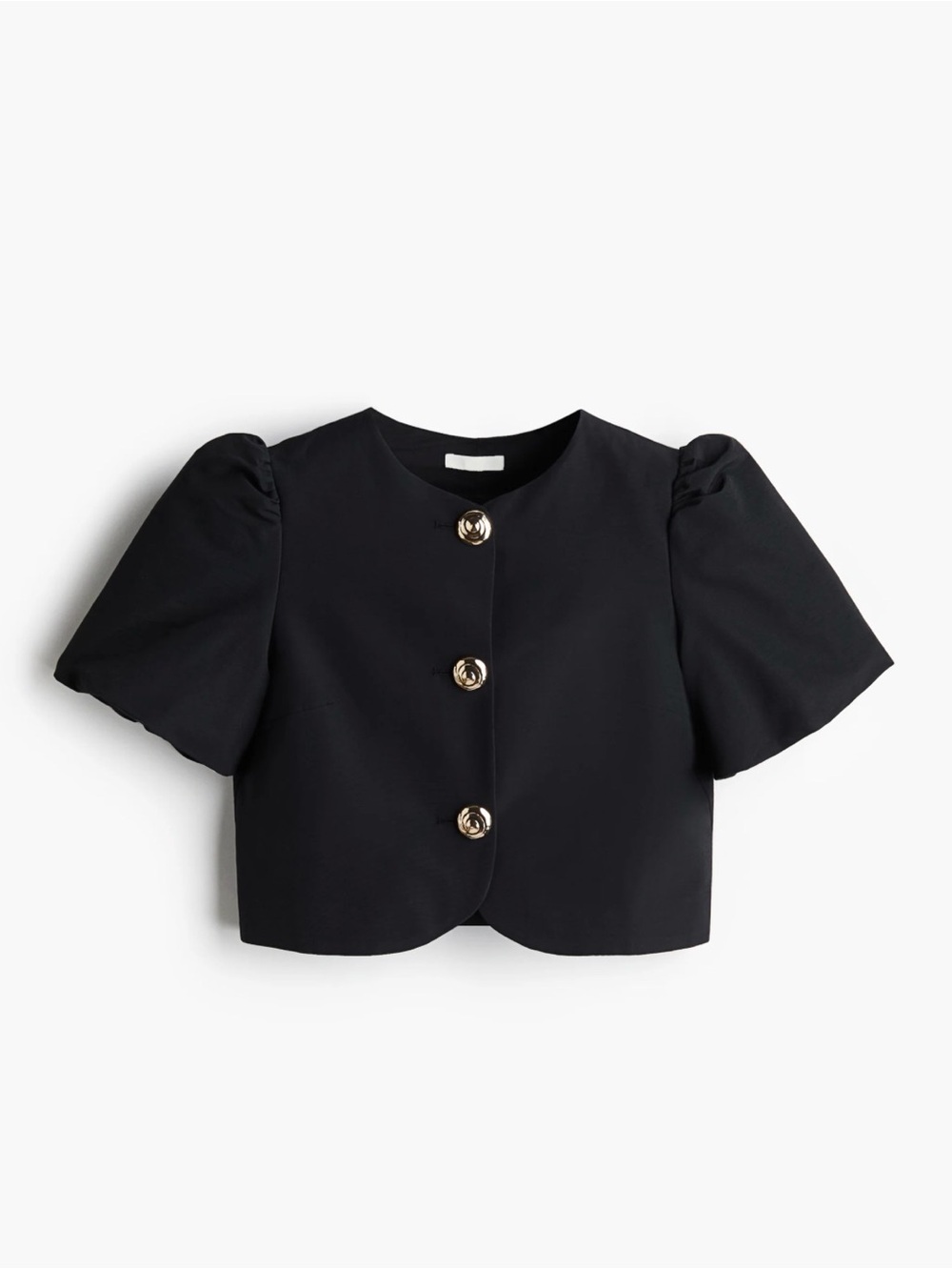H&M Black Puff Sleeve Cropped Jacket with Gold Buttons